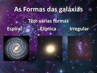 As Formas das galáxias
Espiral

Têm várias formas
Elíptica
Irregular

 