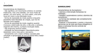 DADAÍSMO
Características do Dadaísmo:
· não significou um movimento artístico no sentido
tradicional, mas uma rebelião, um novo modo de
pensar, um novo sentir, um novo saber, uma arte
nova em meio a uma liberdade nova;
· forma de expressão de modo positivo enquanto
possibilita total liberdade de criação, que nos foi
deixada como legado;
· forma de expressão de modo negativo quando
invocava a destruição da arte, a não arte, a antiarte,
negando até mesmo, a própria revolução Dadá;
· não propunha nenhum estilo;
· utilização da fotomontagem (descoberta pelos
dadaístas) como meio para o sarcasmo;
· rompimento com o fazer artístico causado pela
utilização e apropriação do que já estava feito (ready-
mades).
SURREALISMO
Características do Surrealismo:
· valoriza a intervenção fantasiosa na
realidade;
· ressalta o automatismo contra o domínio da
consciência;
· as formas da realidade são completamente
abandonadas.
· Explorar o inconsciente, o sonho, a loucura;
aproximar-se de tudo que fosse antagônico à
lógica e estivesse fora do controle da
consciência.
 