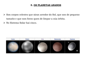 5. OS PLANETAS ANANOS
 Son corpos celestes que xiran arredor do Sol, que son de pequeno
tamaño e que non foron quen de limpar a súa órbita.
 No Sistema Solar hai cinco.
 