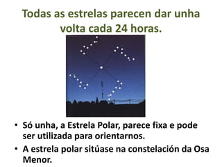 Todas as estrelas parecen dar unha
volta cada 24 horas.

• Só unha, a Estrela Polar, parece fixa e pode
ser utilizada para orientarnos.
• A estrela polar sitúase na constelación da Osa
Menor.

 