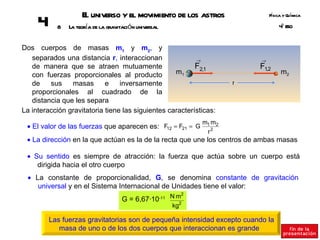 E universo y el movimiento de los astros
                     l                                                        Fsica y Q ímica
                                                                               í       u
     4     8   La teoría de la gravitación universal                              º SO
                                                                                  4E


Dos cuerpos de masas m1 y m2, y
   separados una distancia r, interaccionan               →               →
   de manera que se atraen mutuamente                     F2,1           F1,2
   con fuerzas proporcionales al producto          m1                              m2
   de    sus    masas       e    inversamente                       r
   proporcionales al cuadrado de la
   distancia que les separa
La interacción gravitatoria tiene las siguientes características:
                                                            m1 m2
 • El valor de las fuerzas que aparecen es: F12 = F21 = G
                                                             r2
 • La dirección en la que actúan es la de la recta que une los centros de ambas masas

 • Su sentido es siempre de atracción: la fuerza que actúa sobre un cuerpo está
    dirigida hacia el otro cuerpo
 • La constante de proporcionalidad, G, se denomina constante de gravitación
    universal y en el Sistema Internacional de Unidades tiene el valor:
                                                       2
                                    G = 6,67·10-11 N m2
                                                       kg

         Las fuerzas gravitatorias son de pequeña intensidad excepto cuando la
            masa de uno o de los dos cuerpos que interaccionan es grande
 