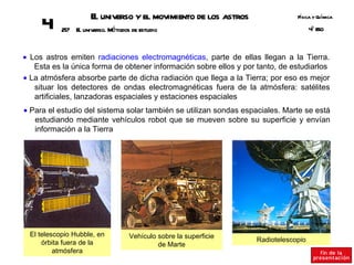 E universo y el movimiento de los astros
                      l                                                        Fsica y Q ímica
                                                                                í       u
     4                      é
           217 E universo. M todos de estudio
                l                                                                    º SO
                                                                                     4E



• Los astros emiten radiaciones electromagnéticas, parte de ellas llegan a la Tierra.
   Esta es la única forma de obtener información sobre ellos y por tanto, de estudiarlos
• La atmósfera absorbe parte de dicha radiación que llega a la Tierra; por eso es mejor
   situar los detectores de ondas electromagnéticas fuera de la atmósfera: satélites
   artificiales, lanzadoras espaciales y estaciones espaciales
• Para el estudio del sistema solar también se utilizan sondas espaciales. Marte se está
   estudiando mediante vehículos robot que se mueven sobre su superficie y envían
   información a la Tierra




 El telescopio Hubble, en         Vehículo sobre la superficie
     órbita fuera de la                                            Radiotelescopio
                                           de Marte
         atmósfera
 