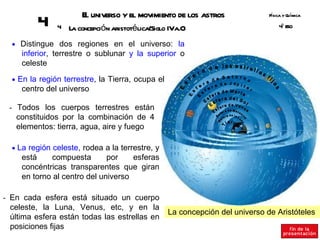 E universo y el movimiento de los astros
                        l                                                      Fsica y Q ímica
                                                                                í       u
         4     4   La concepción aristotélica(Siglo IVa.C)                         º SO
                                                                                   4E

  • Distingue dos regiones en el universo: la
    inferior, terrestre o sublunar y la superior o
    celeste

  • En la región terrestre, la Tierra, ocupa el
    centro del universo

 - Todos los cuerpos terrestres están
   constituidos por la combinación de 4
   elementos: tierra, agua, aire y fuego

  • La región celeste, rodea a la terrestre, y
    está    compuesta        por    esferas
    concéntricas transparentes que giran
    en torno al centro del universo

- En cada esfera está situado un cuerpo
 celeste, la Luna, Venus, etc, y en la
                                                   La concepción del universo de Aristóteles
 última esfera están todas las estrellas en
 posiciones fijas
 