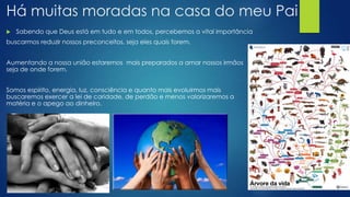 Há muitas moradas na casa do meu Pai


Sabendo que Deus está em tudo e em todos, percebemos a vital importância

buscarmos reduzir nossos preconceitos, seja eles quais forem.
Aumentando a nossa união estaremos mais preparados a amar nossos irmãos
seja de onde forem.

Somos espírito, energia, luz, consciência e quanto mais evoluirmos mais
buscaremos exercer a lei de caridade, de perdão e menos valorizaremos a
matéria e o apego ao dinheiro.

 