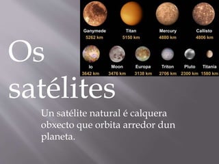 Os
satélites
Un satélite natural é calquera
obxecto que orbita arredor dun
planeta.
 