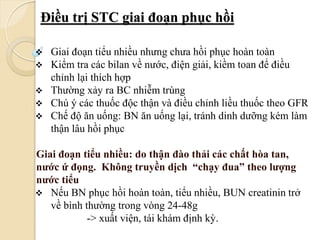 Điều trị STC giai đoạn phục hồi
 Giai đoạn tiểu nhiều nhưng chưa hồi phục hoàn toàn
 Kiểm tra các bilan về nước, điện giải, kiềm toan để điều
chỉnh lại thích hợp
 Thường xảy ra BC nhiễm trùng
 Chú ý các thuốc độc thận và điều chỉnh liều thuốc theo GFR
 Chế độ ăn uống: BN ăn uống lại, tránh dinh dưỡng kém làm
thận lâu hồi phục
Giai đoạn tiểu nhiều: do thận đào thải các chất hòa tan,
nƣớc ứ đọng. Không truyền dịch “chạy đua” theo lƣợng
nƣớc tiểu
 Nếu BN phục hồi hoàn toàn, tiểu nhiều, BUN creatinin trở
về bình thường trong vòng 24-48g
-> xuất viện, tái khám định kỳ.
102
 