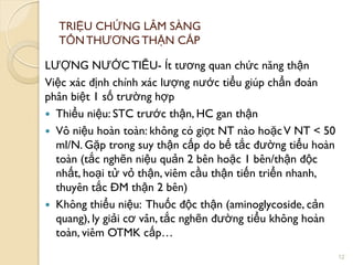 TRIỆU CHỨNG LÂM SÀNG
TỔNTHƢƠNG THẬN CẤP
LƢỢNG NƢỚC TIỄU- Ít tƣơng quan chức năng thận
Việc xác định chính xác lƣợng nƣớc tiểu giúp chẩn đoán
phân biệt 1 số trƣờng hợp
 Thiểu niệu: STC trƣớc thận, HC gan thận
 Vô niệu hoàn toàn: không có giọt NT nào hoặcV NT < 50
ml/N. Gặp trong suy thận cấp do bế tắc đƣờng tiểu hoàn
toàn (tắc nghẽn niệu quản 2 bên hoặc 1 bên/thận độc
nhất, hoại tử vỏ thận, viêm cầu thận tiến triển nhanh,
thuyên tắc ĐM thận 2 bên)
 Không thiểu niệu: Thuốc độc thận (aminoglycoside, cản
quang), ly giải cơ vân, tắc nghẽn đƣờng tiểu không hoàn
toàn, viêm OTMK cấp…
12
 