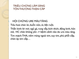 TRIỆU CHỨNG LÂM SÀNG
TỔNTHƢƠNG THẬN CẤP
1. HỘI CHỨNG URE MÁU TĂNG
- Tiêu hoá: chán ăn, buồn nôn, ói, liệt ruột.
- Thần kinh: lơ mơ, ngủ gà, rung vẩy, kích thích, động kinh, hôn
mê, HC chân không yên -> bệnh cảnh não do ure máu tăng.
- Tim mạch:THA, viêm màng ngoài tim, suy tim, phù phổi cấp,
chèn ép tim cấp…
14
 