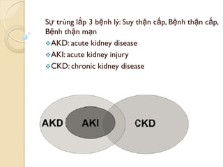 Sự trùng lắp 3 bệnh lý: Suy thận cấp, Bệnh thận cấp,
Bệnh thận mạn
AKD: acute kidney disease
AKI: acute kidney injury
CKD: chronic kidney disease
 
