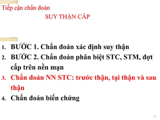 Tiếp cận chẩn đoán
SUY THẬN CẤP
1. BƢỚC 1. Chẩn đoán xác định suy thận
2. BƢỚC 2. Chẩn đoán phân biệt STC, STM, đợt
cấp trên nền mạn
3. Chẩn đoán NN STC: trƣớc thận, tại thận và sau
thận
4. Chẩn đoán biến chứng
32
 