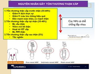 34
NGUYÊN NHÂN GÂY TỔNTHƢƠNGTHẬN CẤP
Các NN có thể
chồng lắp nhau
1.Tổn thƣơng thận cấp trƣớc thận (55-60%)
• GiảmV dịch thực sự
• GiảmV máu lƣu thông hiệu quả
• Dãn mạch toàn thân, co mạch thận
2.Tổn thƣơng thận cấp tại thận (35-40%)
• BL cầu thận
• Viêm mô kẽ thận
• Hoại tử OT cấp
• BL MM thận
3.Tổn thƣơng thận cấp sau thận (5%)
• Tắc nghẽn
 