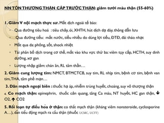 NNTỔNTHƢƠNGTHẬN CẤP TRƢỚCTHẬN: giảm tƣới máu thận (55-60%)
1. GiảmV nội mạch thực sƣ. Mất dịch ngoài tế bào:
◦ Qua đƣờng tiêu hoá : tiêu chảy, ói, XHTH, hút dịch dạ dày, thông dẫn lƣu
◦ Qua đƣờng tiểu: mất nƣớc, tiểu nhiều do dùng lợi tiểu, ĐTĐ, đái tháo nhạt
◦ Mất qua da: phỏng, sốt, shock nhiệt
◦ Tái phân bố dịch trong cơ thể, mất vào khu vực thứ ba: viêm tụy cấp, HCTH, suy dinh
dƣỡng, xơ gan
◦ Lƣợng nhập giảm: chán ăn, RL tâm thần…
2. Giảm cung lƣợng tim: NMCT, BTMCTCB, suy tim, RL nhịp tim, bệnh cơ tim, bệnh van
tim,THA, tâm phế mạn…
3. Dãn mạch ngoại biên : thuốc hạ áp, nhiễm trùng huyết, choáng, suy vỏ thƣợng thận
4. Co mạch thận: epinephrin, thuốc cản quang, tăng Ca máu, NT huyết, HC gan thận, 
O2,  CO2
5. Rối loạn tƣ̣ điều hòa ở thận: co thắt mạch thận (kháng viêm nonsteroide, cyclosporine
A…), dãn tiểu động mạch ra cầu thận (thuốc UCMC, UCTT)
 