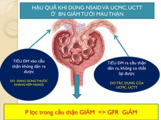 TiỂU ĐM vào cầu
thận không dãn ra
đƣợc
DO ĐANG DÙNGTHUỐC
KHÁNGVIÊM NSAIDS
TiỂU ĐM ra cầu thận
dãn ra, không co thắt
lại đƣợc
DO TÁC DỤNG CỦA
UCMC, UCTT
P lọc trong cầu thận GIẢM => GFR GiẢM
HẬU QUẢ KHI DÙNG NSAIDVÀ UCMC, UCTT
Ở BN GIẢM TƢỚI MÁUTHẬN
 