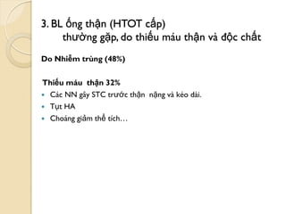 3. BL ống thận (HTOT cấp)
thƣờng gặp, do thiếu máu thận và độc chất
Do Nhiễm trùng (48%)
Thiếu máu thận 32%
 Các NN gây STC trƣớc thận nặng và kéo dài.
 Tụt HA
 Choáng giảm thể tích…
 