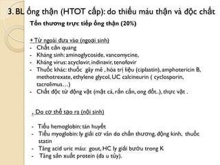 3. BL ống thận (HTOT cấp): do thiếu máu thận và độc chất
Tổn thƣơng trực tiếp ống thận (20%)
+Từ ngoài đƣa vào (ngoại sinh)
- Chất cản quang
- Kháng sinh: aminoglycoside, vancomycine,
- Kháng virus: acyclovir, indinavir, tenofovir
- Thuốc khác: thuốc gây mê , hóa trị liệu (ciplastin), amphotericin B,
methotrexate, ethylene glycol, UC calcineurin ( cyclosporin,
tacrolimus…)
- Chất độc từ động vật (mật cá, rắn cắn, ong đốt..), thực vật .
+ Do cơ thể tạo ra (nội sinh)
- Tiểu hemoglobin: tán huyết
- Tiểu myoglobin: ly giải cơ vân do chấn thƣơng, động kinh, thuốc
statin
- Tăng acid uric máu: gout, HC ly giải bƣớu trong K
- Tăng sản xuất protein (đa u tủy).
 
