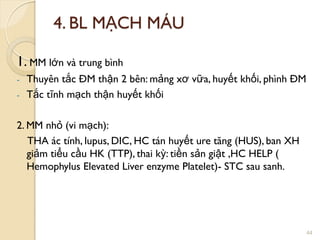 4. BL MẠCH MÁU
1. MM lớn và trung bình
- Thuyên tắc ĐM thận 2 bên: mảng xơ vữa, huyết khối, phình ĐM
- Tắc tĩnh mạch thận huyết khối
2. MM nhỏ (vi mạch):
THA ác tính, lupus, DIC, HC tán huyết ure tăng (HUS), ban XH
giảm tiểu cầu HK (TTP), thai kỳ: tiền sản giật ,HC HELP (
Hemophylus Elevated Liver enzyme Platelet)- STC sau sanh.
44
 