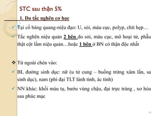 STC sau thận 5%
1. Do tắc nghẽn cơ học
 Tại cổ bàng quang-niệu đạo: U, sỏi, máu cục, polyp, chít hẹp…
 Tắc nghẽn niệu quản 2 bên do sỏi, máu cục, mô hoại tử, phẫu
thật cột lầm niệu quản…hoặc 1 bên ở BN có thận độc nhất
 Từ ngoài chèn vào:
 BL đường sinh dục: nữ (u tử cung – buồng trứng xâm lấn, sa
sinh dục), nam (phì đại TLT lành tính, ác tính)
 NN khác: khối máu tụ, bướu vùng chậu, đại trực tràng , xơ hóa
sau phúc mạc
45
 
