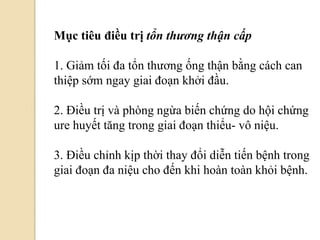 Mục tiêu điều trị tổn thương thận cấp
1. Giảm tối đa tổn thương ống thận bằng cách can
thiệp sớm ngay giai đoạn khởi đầu.
2. Điều trị và phòng ngừa biến chứng do hội chứng
ure huyết tăng trong giai đoạn thiểu- vô niệu.
3. Điều chỉnh kịp thời thay đổi diễn tiến bệnh trong
giai đoạn đa niệu cho đến khi hoàn toàn khỏi bệnh.
 