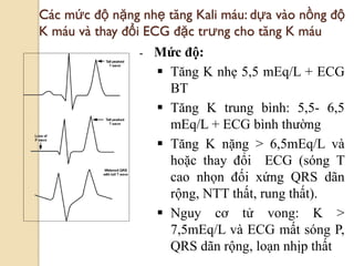 95
Các mức độ nặng nhẹ tăng Kali máu: dựa vào nồng độ
K máu và thay đổi ECG đặc trƣng cho tăng K máu
- Mức độ:
 Tăng K nhẹ 5,5 mEq/L + ECG
BT
 Tăng K trung bình: 5,5- 6,5
mEq/L + ECG bình thường
 Tăng K nặng > 6,5mEq/L và
hoặc thay đổi ECG (sóng T
cao nhọn đối xứng QRS dãn
rộng, NTT thất, rung thất).
 Nguy cơ tử vong: K >
7,5mEq/L và ECG mất sóng P,
QRS dãn rộng, loạn nhịp thất
 