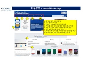 이용방법 - Journal Home Page
A. 정식 발행전 아티클 열람
B. 이슈페이지로 이동
C. Editor’s choice 등 추가 기사 제공
D. 저자를 위한 아티클 발행과 관련된 정보 제공
E. 저널 서지정보, Email Alert 설정 정보 확인
F. 최신 발행 이슈 페이지로 이동
G. 저널 내 최신 아티클, 가장 많이 읽힌 아티클 제공
H. 해당 저널과 관련된 저널 페이지로 이동
A B D
C E
 