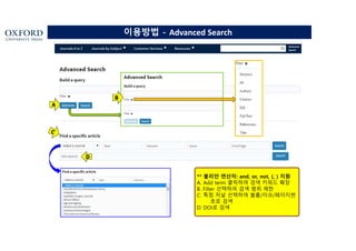 ** 불리안 연산자: and, or, not, (, ) 지원
A. Add term 클릭하여 검색 키워드 확장
B. Filter 선택하여 검색 범위 제한
C. 특정 저널 선택하여 볼륨/이슈/페이지번
호로 검색
D. DOI로 검색
이용방법 - Advanced Search
A
B
D
 