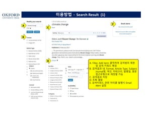 이용방법 - Search Result (1)
A. Filter, Add term 클릭하여 검색범위 제한
및 검색 키워드 확장
B. 검색결과 내, Format, Article Type, Subject,
Journal명, 섹션, 카테고리, 발행일, 원문
접근유형으로 재정렬 가능
C. 검색결과 저장
D. 초록 열람
E. 검색키워드 관련 아티클 발행시 Email
Alert 설정
A
B
C
D
F
 