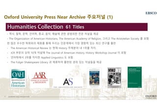 4 academic.oup.com/journals
- 역사, 철학, 문학, 언어학, 종교, 음악, 예술에 관한 광범위한 전문 저널을 제공
- The Organization of American Historians, The American Academy of Religion, 그리고 The Aristotelian Society 를 포함
한 많은 우수한 학회와의 제휴를 통해 우리는 인문계에서 가장 영향력 있는 최신 연구를 출판
- The American Historical Review 는 현재 History 주제분야 내 1위를 차지.
- JCR 부문의 상위 10개 저널에 The Journal of American History, History Workshop Journal 이 포함
- 언어학에서 3위를 차지한 Applied Linguistics 도 포함
- The Folger Shakespeare Library 과 제휴하여 출판된 권위 있는 저널들을 제공
61 Titles
Oxford University Press Near Archive 주요저널 (1)
 
