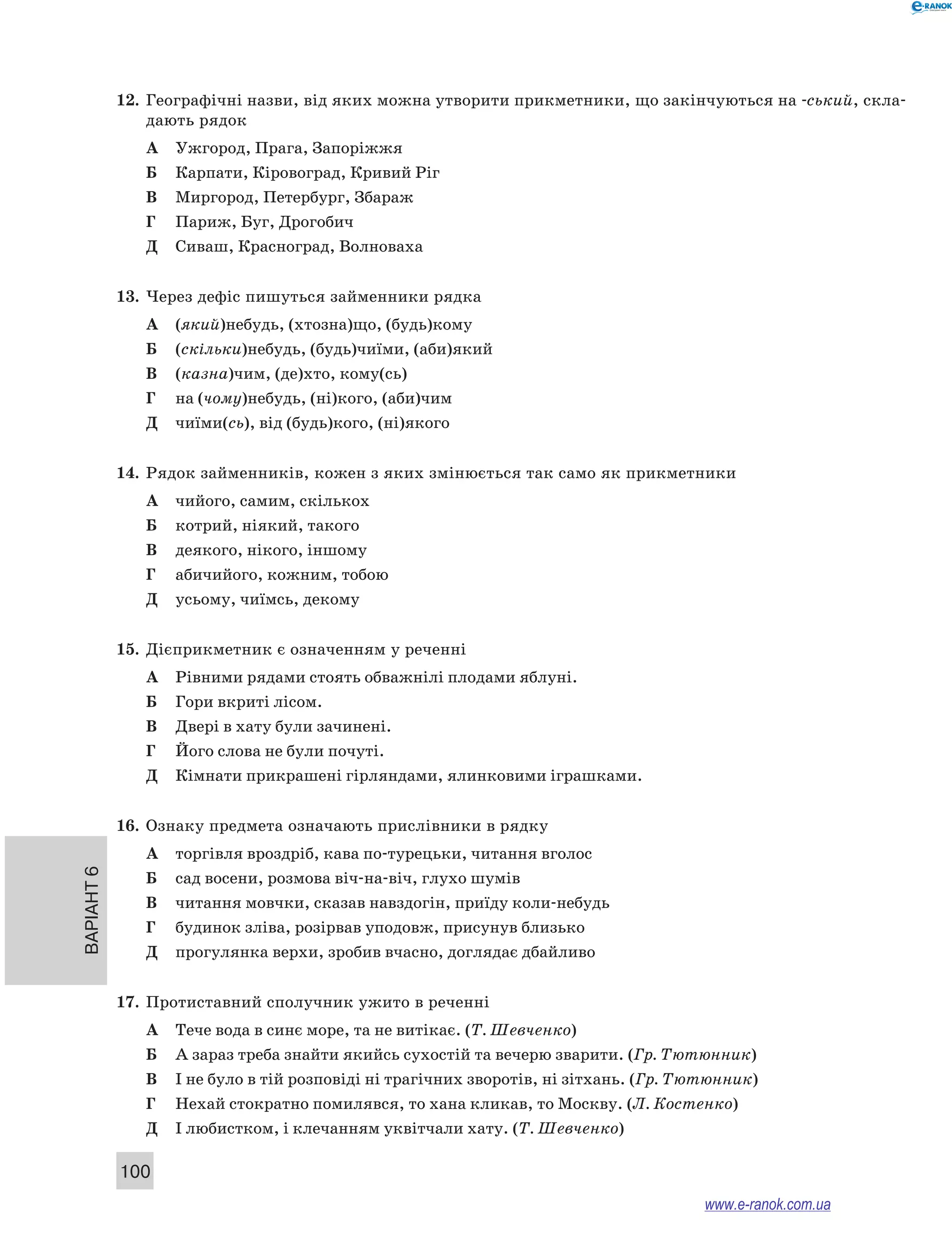 Варіант 6
100
12.	 Географічні назви, від яких можна утворити прикметники, що закінчуються на -ський, скла-
дають рядок
А	 Ужгород, Прага, Запоріжжя
Б	 Карпати, Кіровоград, Кривий Ріг
В	 Миргород, Петербург, Збараж
Г	 Париж, Буг, Дрогобич
Д	 Сиваш, Красноград, Волноваха
13.	 Через дефіс пишуться займенники рядка
А	 (який)небудь, (хтозна)що, (будь)кому
Б	 (скільки)небудь, (будь)чиїми, (аби)який
В	 (казна)чим, (де)хто, кому(сь)
Г	 на (чому)небудь, (ні)кого, (аби)чим
Д	 чиїми(сь), від (будь)кого, (ні)якого
14.	 Рядок займенників, кожен з яких змінюється так само як прикметники
А	 чийого, самим, скількох
Б	 котрий, ніякий, такого
В	 деякого, нікого, іншому
Г	 абичийого, кожним, тобою
Д	 усьому, чиїмсь, декому
15.	 Дієприкметник є означенням у реченні
А	 Рівними рядами стоять обважнілі плодами яблуні.
Б	 Гори вкриті лісом.
В	 Двері в хату були зачинені.
Г	 Його слова не були почуті.
Д	 Кімнати прикрашені гірляндами, ялинковими іграшками.
16.	 Ознаку предмета означають прислівники в рядку
А	 торгівля вроздріб, кава по-турецьки, читання вголос
Б	 сад восени, розмова віч-на-віч, глухо шумів
В	 читання мовчки, сказав навздогін, приїду коли-небудь
Г	 будинок зліва, розірвав уподовж, присунув близько
Д	 прогулянка верхи, зробив вчасно, доглядає дбайливо
17.	 Протиставний сполучник ужито в реченні
А	 Тече вода в синє море, та не витікає. (Т. Шевченко)
Б	 А зараз треба знайти якийсь сухостій та вечерю зварити. (Гр. Тютюнник)
В	 І не було в тій розповіді ні трагічних зворотів, ні зітхань. (Гр. Тютюнник)
Г	 Нехай стократно помилявся, то хана кликав, то Москву. (Л. Костенко)
Д	 І любистком, і клечанням уквітчали хату. (Т. Шевченко)
www.e-ranok.com.ua
 
