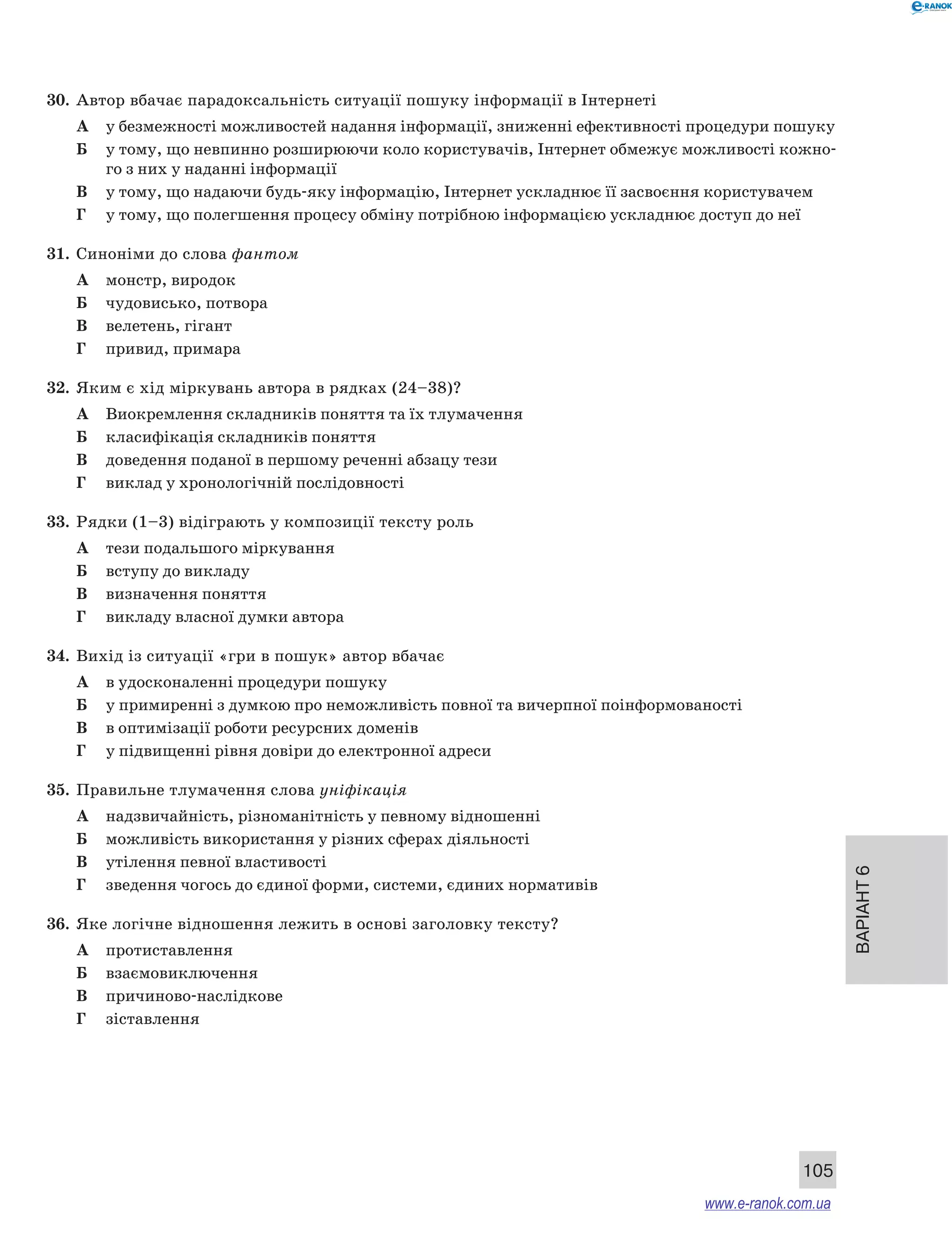 Варіант 6
105
30.	 Автор вбачає парадоксальність ситуації пошуку інформації в Інтернеті
А	 у безмежності можливостей надання інформації, зниженні ефективності процедури пошуку
Б	 у тому, що невпинно розширюючи коло користувачів, Інтернет обмежує можливості кожно-
го з них у наданні інформації
В	 у тому, що надаючи будь-яку інформацію, Інтернет ускладнює її засвоєння користувачем
Г	 у тому, що полегшення процесу обміну потрібною інформацією ускладнює доступ до неї
31.	 Синоніми до слова фантом
А	 монстр, виродок
Б	 чудовисько, потвора
В	 велетень, гігант
Г	 привид, примара
32.	 Яким є хід міркувань автора в рядках (24–38)?
А	 Виокремлення складників поняття та їх тлумачення
Б	 класифікація складників поняття
В	 доведення поданої в першому реченні абзацу тези
Г	 виклад у хронологічній послідовності
33.	 Рядки (1–3) відіграють у композиції тексту роль
А	 тези подальшого міркування
Б	 вступу до викладу
В	 визначення поняття
Г	 викладу власної думки автора
34.	 Вихід із ситуації «гри в пошук» автор вбачає
А	 в удосконаленні процедури пошуку
Б	 у примиренні з думкою про неможливість повної та вичерпної поінформованості
В	 в оптимізації роботи ресурсних доменів
Г	 у підвищенні рівня довіри до електронної адреси
35.	 Правильне тлумачення слова уніфікація
А	 надзвичайність, різноманітність у певному відношенні
Б	 можливість використання у різних сферах діяльності
В	 утілення певної властивості
Г	 зведення чогось до єдиної форми, системи, єдиних нормативів
36.	 Яке логічне відношення лежить в основі заголовку тексту?
А	 протиставлення
Б	 взаємовиключення
В	 причиново-наслідкове
Г	 зіставлення
www.e-ranok.com.ua
 