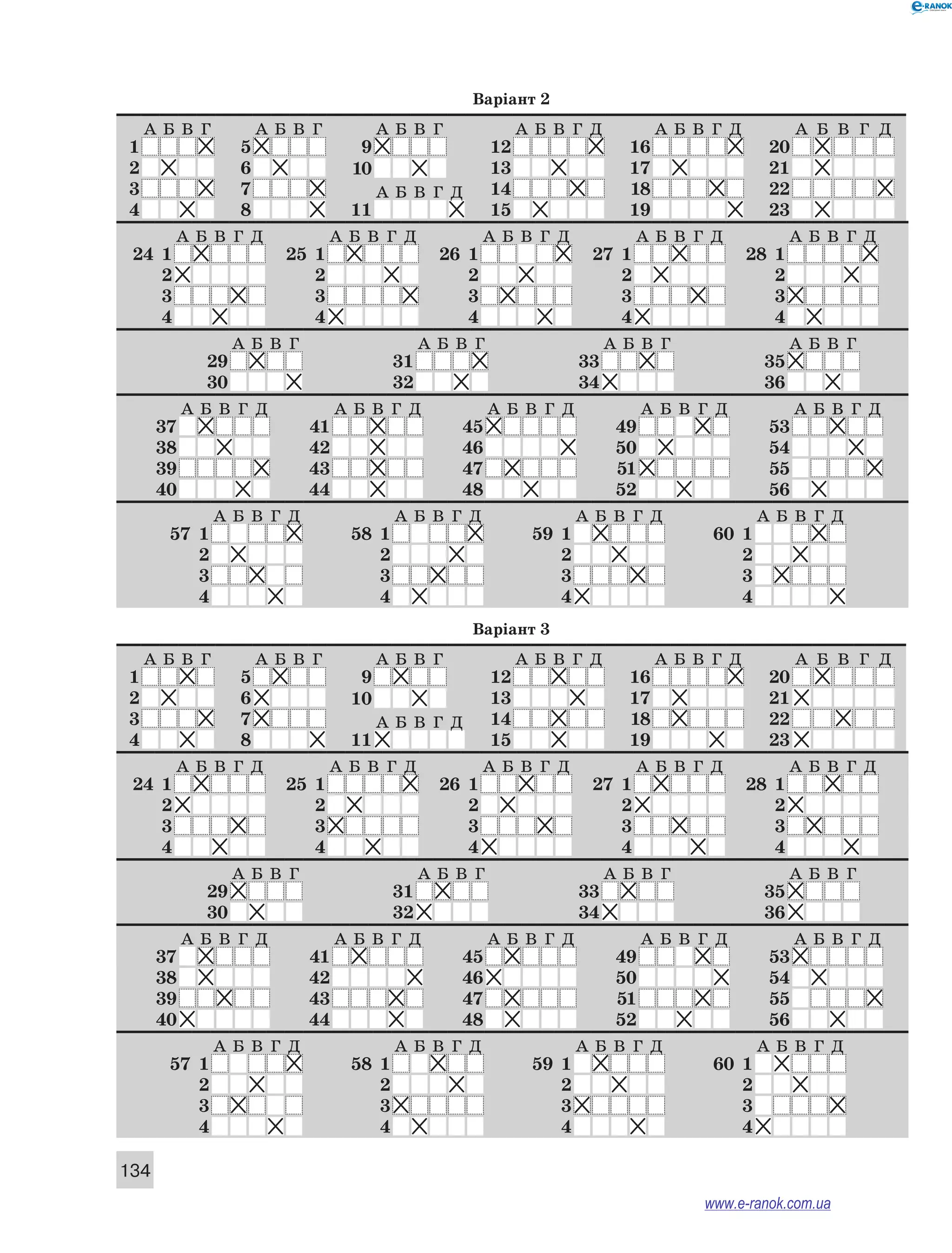 134
Варіант 2
А Б В Г А Б В Г А Б В Г А Б В Г Д А Б В Г Д А Б В Г Д
1 5 9 12 16 20
2 6 10 13 17 21
3 7 А Б В Г Д 14 18 22
4 8 11 15 19 23
А Б В Г Д А Б В Г Д А Б В Г Д А Б В Г Д А Б В Г Д
24 1 25 1 26 1 27 1 28 1
2 2 2 2 2
3 3 3 3 3
4 4 4 4 4
А Б В Г А Б В Г А Б В Г А Б В Г
29 31 33 35
30 32 34 36
А Б В Г Д А Б В Г Д А Б В Г Д А Б В Г Д А Б В Г Д
37 41 45 49 53
38 42 46 50 54
39 43 47 51 55
40 44 48 52 56
А Б В Г Д А Б В Г Д А Б В Г Д А Б В Г Д
57 1 58 1 59 1 60 1
2 2 2 2
3 3 3 3
4 4 4 4
Варіант 3
А Б В Г А Б В Г А Б В Г А Б В Г Д А Б В Г Д А Б В Г Д
1 5 9 12 16 20
2 6 10 13 17 21
3 7 А Б В Г Д 14 18 22
4 8 11 15 19 23
А Б В Г Д А Б В Г Д А Б В Г Д А Б В Г Д А Б В Г Д
24 1 25 1 26 1 27 1 28 1
2 2 2 2 2
3 3 3 3 3
4 4 4 4 4
А Б В Г А Б В Г А Б В Г А Б В Г
29 31 33 35
30 32 34 36
А Б В Г Д А Б В Г Д А Б В Г Д А Б В Г Д А Б В Г Д
37 41 45 49 53
38 42 46 50 54
39 43 47 51 55
40 44 48 52 56
А Б В Г Д А Б В Г Д А Б В Г Д А Б В Г Д
57 1 58 1 59 1 60 1
2 2 2 2
3 3 3 3
4 4 4 4
www.e-ranok.com.ua
 