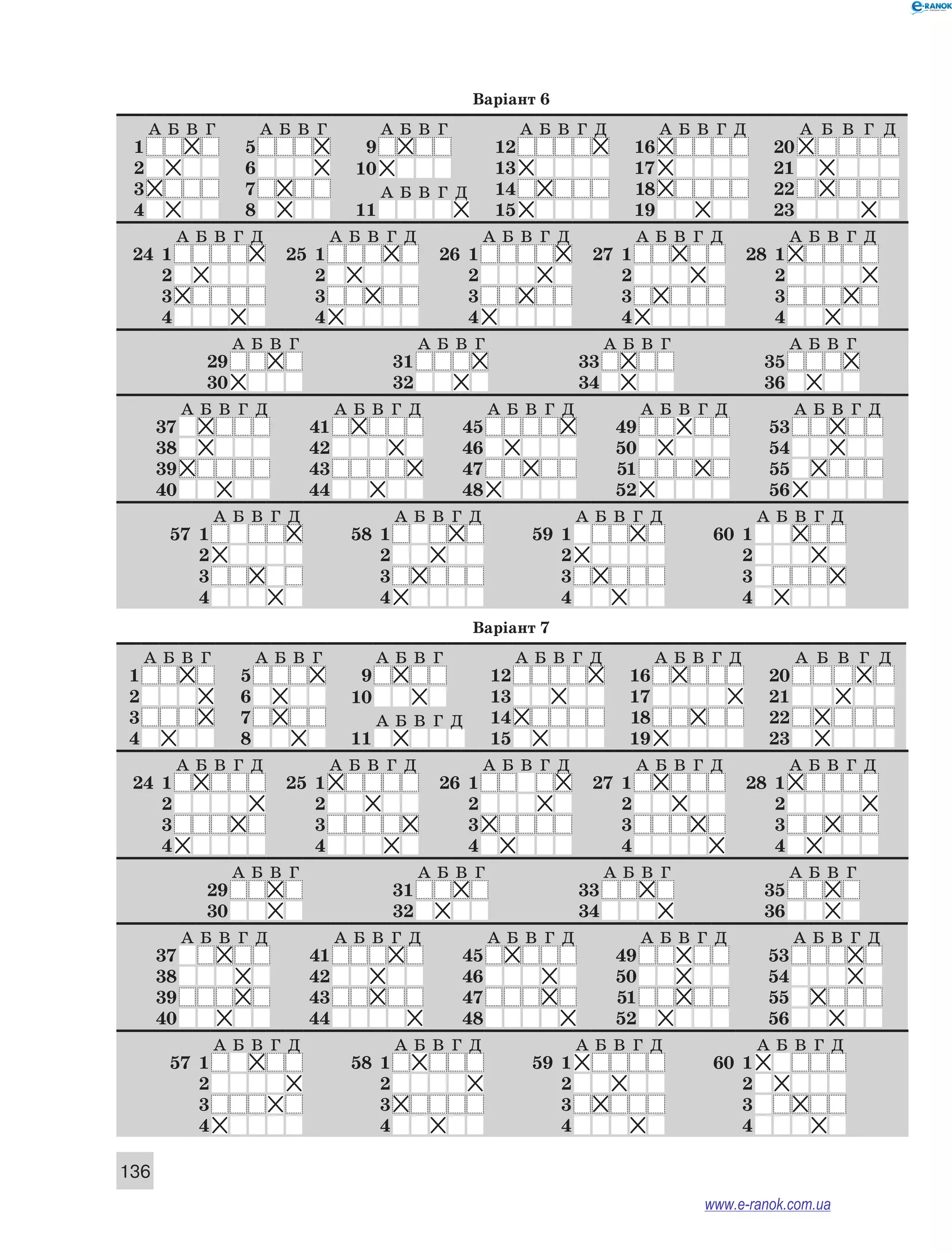 136
Варіант 6
А Б В Г А Б В Г А Б В Г А Б В Г Д А Б В Г Д А Б В Г Д
1 5 9 12 16 20
2 6 10 13 17 21
3 7 А Б В Г Д 14 18 22
4 8 11 15 19 23
А Б В Г Д А Б В Г Д А Б В Г Д А Б В Г Д А Б В Г Д
24 1 25 1 26 1 27 1 28 1
2 2 2 2 2
3 3 3 3 3
4 4 4 4 4
А Б В Г А Б В Г А Б В Г А Б В Г
29 31 33 35
30 32 34 36
А Б В Г Д А Б В Г Д А Б В Г Д А Б В Г Д А Б В Г Д
37 41 45 49 53
38 42 46 50 54
39 43 47 51 55
40 44 48 52 56
А Б В Г Д А Б В Г Д А Б В Г Д А Б В Г Д
57 1 58 1 59 1 60 1
2 2 2 2
3 3 3 3
4 4 4 4
Варіант 7
А Б В Г А Б В Г А Б В Г А Б В Г Д А Б В Г Д А Б В Г Д
1 5 9 12 16 20
2 6 10 13 17 21
3 7 А Б В Г Д 14 18 22
4 8 11 15 19 23
А Б В Г Д А Б В Г Д А Б В Г Д А Б В Г Д А Б В Г Д
24 1 25 1 26 1 27 1 28 1
2 2 2 2 2
3 3 3 3 3
4 4 4 4 4
А Б В Г А Б В Г А Б В Г А Б В Г
29 31 33 35
30 32 34 36
А Б В Г Д А Б В Г Д А Б В Г Д А Б В Г Д А Б В Г Д
37 41 45 49 53
38 42 46 50 54
39 43 47 51 55
40 44 48 52 56
А Б В Г Д А Б В Г Д А Б В Г Д А Б В Г Д
57 1 58 1 59 1 60 1
2 2 2 2
3 3 3 3
4 4 4 4
www.e-ranok.com.ua
 