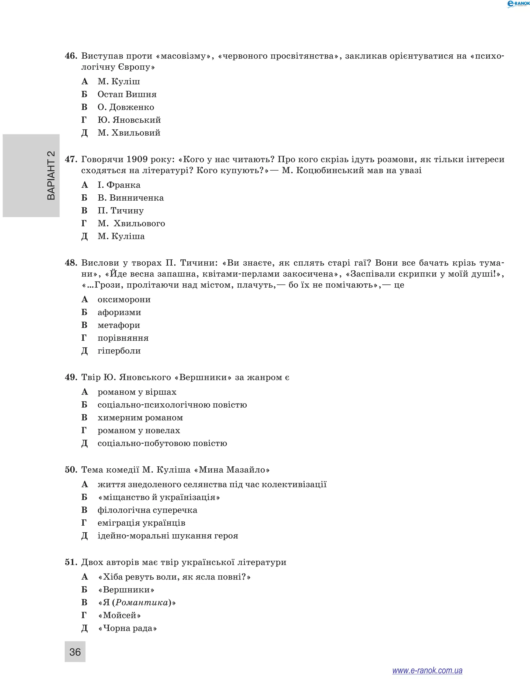 Варіант 2
36
46.	 Виступав проти «масовізму», «червоного просвітянства», закликав орієнтуватися на «психо-
логічну Європу»
А	 М. Куліш
Б	 Остап Вишня
В	 О. Довженко
Г	 Ю. Яновський
Д	 М. Хвильовий
47.	 Говорячи 1909 року: «Кого у нас читають? Про кого скрізь ідуть розмови, як тільки інтереси
сходяться на літературі? Кого купують?»— М. Коцюбинський мав на увазі
А	 І. Франка
Б	 В. Винниченка
В	 П. Тичину
Г	 М.  Хвильового
Д	 М. Куліша
48.	 Вислови у  творах П.  Тичини: «Ви знаєте, як сплять старі гаї? Вони все бачать крізь тума-
ни», «Йде весна запашна, квітами-перлами закосичена», «Заспівали скрипки у моїй душі!»,
«…Грози, пролітаючи над містом, плачуть,— бо їх не помічають»,— це
А	 оксиморони
Б	 афоризми
В	 метафори
Г	 порівняння
Д	 гіперболи
49.	 Твір Ю. Яновського «Вершники» за жанром є
А	 романом у віршах
Б	 соціально-психологічною повістю
В	 химерним романом
Г	 романом у новелах
Д	 соціально-побутовою повістю
50.	 Тема комедії М. Куліша «Мина Мазайло»
А	 життя знедоленого селянства під час колективізації
Б	 «міщанство й українізація»
В	 філологічна суперечка
Г	 еміграція українців
Д	 ідейно-моральні шукання героя
51.	 Двох авторів має твір української літератури
А	 «Хіба ревуть воли, як ясла повні?»
Б	 «Вершники»
В	 «Я (Романтика)»
Г	 «Мойсей»
Д	 «Чорна рада»
www.e-ranok.com.ua
 