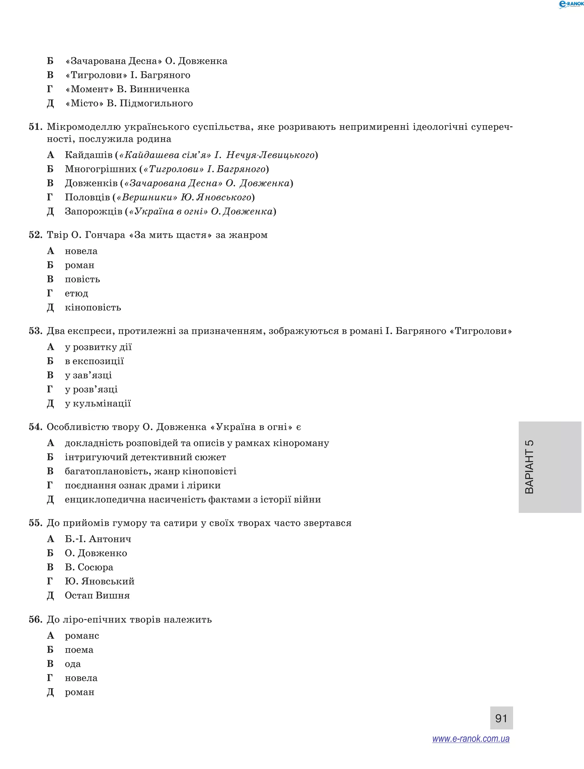 Варіант 5
91
Б	 «Зачарована Десна» О. Довженка
В	 «Тигролови» І. Багряного
Г	 «Момент» В. Винниченка
Д	 «Місто» В. Підмогильного
51.	 Мікромоделлю українського суспільства, яке розривають непримиренні ідеологічні супереч-
ності, послужила родина
А	 Кайдашів («Кайдашева сім’я» І.  Нечуя-Левицького)
Б	 Многогрішних («Тигролови» І. Багряного)
В	 Довженків («Зачарована Десна» О.  Довженка)
Г	 Половців («Вершники» Ю. Яновського)
Д	 Запорожців («Україна в огні» О. Довженка)
52.	 Твір О. Гончара «За мить щастя» за жанром
А	 новела
Б	 роман
В	 повість
Г	 етюд
Д	 кіноповість
53.	 Два експреси, протилежні за призначенням, зображуються в романі І. Багряного «Тигролови»
А	 у розвитку дії
Б	 в експозиції
В	 у зав’язці
Г	 у розв’язці
Д	 у кульмінації
54.	 Особливістю твору О. Довженка «Україна в огні» є
А	 докладність розповідей та описів у рамках кінороману
Б	 інтригуючий детективний сюжет
В	 багатоплановість, жанр кіноповісті
Г	 поєднання ознак драми і лірики
Д	 енциклопедична насиченість фактами з історії війни
55.	 До прийомів гумору та сатири у своїх творах часто звертався
А	 Б.-І. Антонич
Б	 О. Довженко
В	 В. Сосюра
Г	 Ю. Яновський
Д	 Остап Вишня
56.	 До ліро-епічних творів належить
А	 романс
Б	 поема
В	 ода
Г	 новела
Д	 роман
www.e-ranok.com.ua
 