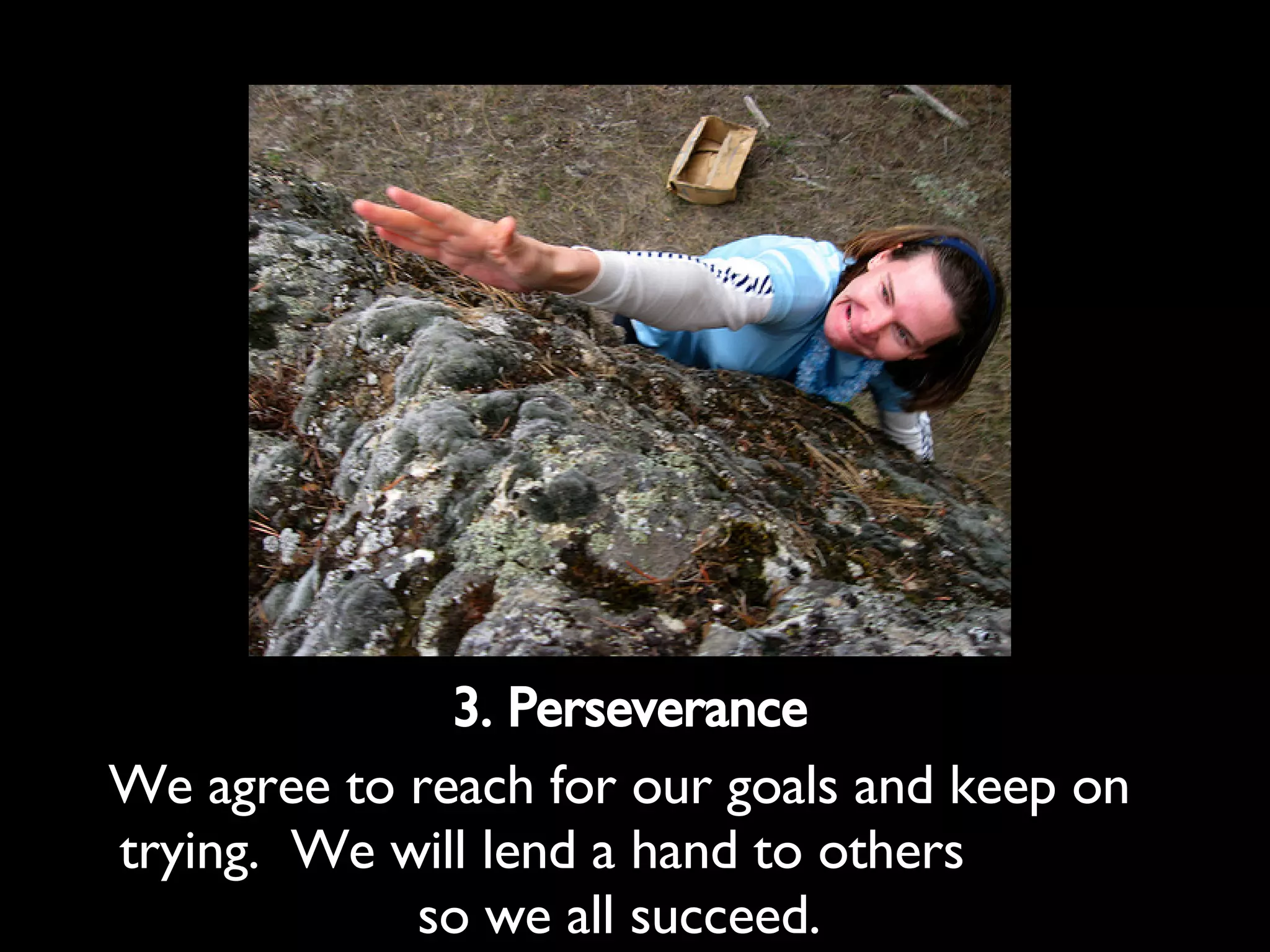 3. Perseverance We agree to reach for our goals and keep on trying. We will lend a hand to others so we all succeed.