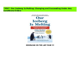 DOWNLOAD ON THE LAST PAGE !!!!
[#Download%] (Free Download) Our Iceberg Is Melting: Changing and Succeeding Under Any Conditions Online A new edition of the classic business parable that has sold more than a million copies since 2006. Our Iceberg Is Melting is a simple fable about doing well in an ever-changing world. Based on the award-winning work of Harvard’s John Kotter, it is a story that has been used to help thousands of people and organizations. The fable is about a penguin colony in Antarctica. A group of beautiful emperor pen-guins live as they have for many years. Then one curious bird discovers a potentially devastating problem threatening their home—and pretty much no one listens to him. The characters in the story, Fred, Alice, Louis, Buddy, the Professor, and NoNo, are like people we recognize—even ourselves. Their tale is one of resistance to change and heroic action, seemingly intractable obstacles and the most clever tactics for dealing with those obstacles. It’s a story that is occurring in different forms all around us today—but the penguins handle the very real challenges a great deal better than most of us. Our Iceberg Is Melting is based on pioneer-ing work that shows how Eight Steps produce needed change in any sort of group. It’s a story that can be enjoyed by anyone while at the same time providing invaluable guidance for a world that just keeps moving faster and faster.
^PDF^ Our Iceberg Is Melting: Changing and Succeeding Under Any
Conditions Online
 