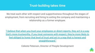 Trust-building takes time
We treat each other with respect and supportiveness throughout the stages of
employment, from recruiting and hiring to exiting the company and maintaining a
relationship as a former employee.
“I believe that when you trust your employees or direct reports, they act in a way
that’s more trustworthy. If you treat someone with respect, they’re more likely to
feel obliged to honor that level of trust and act in a way that is honest and
straightforward.”
Celeste Peterson, Director of People Development
 