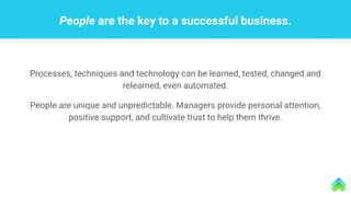 People are the key to a successful business.
Processes, techniques and technology can be learned, tested, changed and
relearned, even automated.
People are unique and unpredictable. Managers provide personal attention,
positive support, and cultivate trust to help them thrive.
 