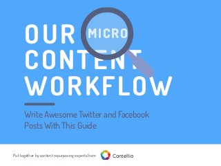OUR
CONTENT
WORKFLOW
MICRO
Put together by content repurposing experts from Contellio
Write Awesome Twitter and Facebook
Posts With This Guide
 