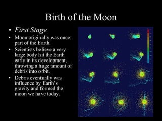 Birth of the Moon First Stage   Moon originally was once part of the Earth. Scientists believe a very large body hit the Earth early in its development, throwing a huge amount of debris into orbit.  Debris eventually was influence by Earth’s gravity and formed the moon we have today. 