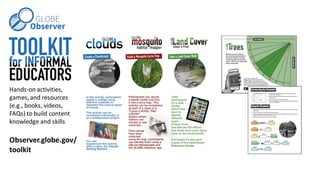 Hands-on activities,
games, and resources
(e.g., books, videos,
FAQs) to build content
knowledge and skills
Observer.globe.gov/
toolkit
 