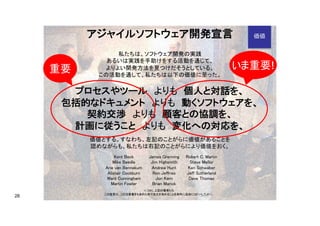 28
アジャイルソフトウェア開発宣言
私たちは、ソフトウェア開発の実践
あるいは実践を手助けをする活動を通じて、
よりよい開発方法を見つけだそうとしている。
この活動を通して、私たちは以下の価値に至った。
プロセスやツール よりも 個人と対話を、
包括的なドキュメント よりも 動くソフトウェアを、
契約交渉 よりも 顧客との協調を、
計画に従うこと よりも 変化への対応を、
価値とする。すなわち、左記のことがらに価値があることを
認めながらも、私たちは右記のことがらにより価値をおく。
Kent Beck
Mike Beedle
Arie van Bennekum
Alistair Cockburn
Ward Cunningham
Martin Fowler
James Grenning
Jim Highsmith
Andrew Hunt
Ron Jeffries
Jon Kern
Brian Marick
Robert C. Martin
Steve Mellor
Ken Schwaber
Jeff Sutherland
Dave Thomas
© 2001, 上記の著者たち
この宣言は、この注意書きも含めた形で全文を含めることを条件に自由にコピーしてよい。
重要 いま重要!
価値
 