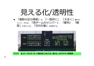 42
⾒える化/透明性
l 「最新の正の情報」が、「⼀箇所に」、「⼤きく」書かれ
ていて、それを、「両チームのメンバー」、「審判」、「観
客」が⾒ている。 「次の⾏動」を誘発する。
全ステークホルダーが、行動を起こせるような、確かな、分かりやすい情報源
POINT
 