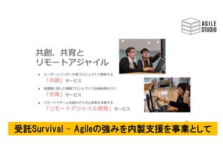 Agile Studio Fukui のサービス
109
共創、共育と
リモートアジャイル
● ユーザーとベンダーが実プロジェクトで開発する
「共創」サービス
● 実課題に即した模擬プロジェクトで技術転換を⾏う
「共育」サービス
● リモートでチームを組みデジタル変⾰を⽀援する
「リモートアジャイル開発」サービス
受託Survival – Agileの強みを内製支援を事業として
 