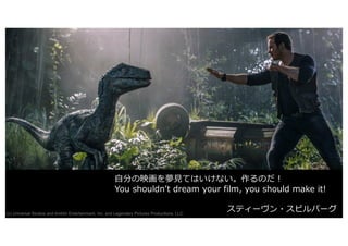 118
⾃分の映画を夢⾒てはいけない。作るのだ︕
You shouldnʼt dream your film, you should make it!
スティーヴン・スピルバーグ
(c) Universal Studios and Amblin Entertainment, Inc. and Legendary Pictures Productions, LLC.
 