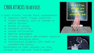 CYBERATTACKStodevices
50 billion
things are
connected
with the webCyber Attacks include these consequences:
● Identity theft, fraud, extortion
● Stolen hardware, such as laptops or
mobile devices
● Breach of access
● Password sniffing
● System infiltration
● Website defacement
● Private and public Web browser exploits
● Instant messaging abuse
● Intellectual property (IP) theft or
unauthorized access
Vulnerable to cyber attacks can also
include cars and even insulin pumps
⑭
⑥
 