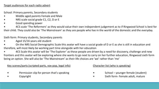 Target audiences for each radio advert
School: Primary parents, Secondary students
• Middle aged parents Female and Male
• NRS scale social grade C1, C2, D or E
• Good spending power
• 4CS scale ‘The Reformers’ as they would value their own independent judgement as to if Ringwood School is best for
their child. They could also be ‘The Mainstream’ as they are people who live in the world of the domestic and the everyday.
Sixth form: Primary students, Secondary parents
• Aged 15/16 years old student
• On the NRS Social Demographic Scale this avatar will have a social grade of D or E as she is still in education and
therefore, will most likely be working part time alongside with her education
• 4CS Scale this avatar will be ‘The Explorer’ as these people are driven by a need for discovery, challenge and new
frontiers and this avatar will be exploring where she wants to go next to carry on her further education, Ringwood sixth form
being an option. She will also be ‘The Mainstream’ as their life choices are ‘we’ rather than ‘me’
Key scenes/parts (scripted parts, vox-pop, legal info)
• Permission slip for person that’s speaking
• Copyright
Character list (who is speaking)
• School – younger female (student)
• Sixth form- Female adult, mature
 