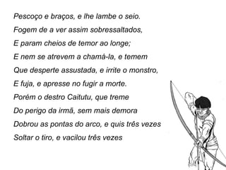 Pescoço e braços, e lhe lambe o seio.
Fogem de a ver assim sobressaltados,
E param cheios de temor ao longe;
E nem se atrevem a chamá-la, e temem
Que desperte assustada, e irrite o monstro,
E fuja, e apresse no fugir a morte.
Porém o destro Caitutu, que treme
Do perigo da irmã, sem mais demora
Dobrou as pontas do arco, e quis três vezes
Soltar o tiro, e vacilou três vezes
 