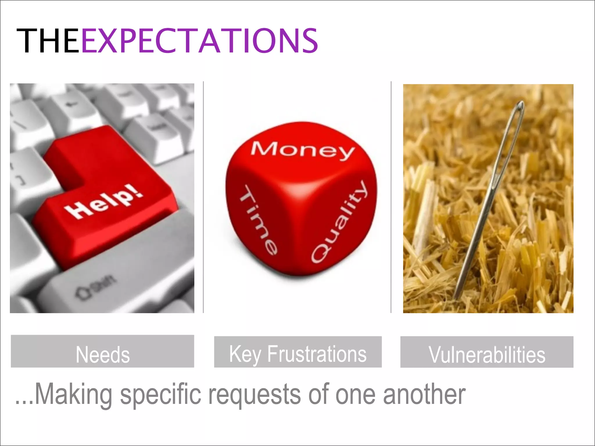 THEEXPECTATIONS
Needs Key Frustrations Vulnerabilities
...Making specific requests of one another