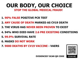 1. 90% FALSE POSITIVE PCR TEST
2. ANY CAUSE OF DEATH MARKED AS CV19 DEATH
3. THE VIRUS HAS NEVER BEEN PROVEN TO EXIST
4. 94% WHO DIED HAVE 2.6 PRE EXISTING CONDITIONS
5. 99.9% SURVIVAL RATE
6. MASKS DO NOT WORK
7. 9000 DEATHS BY CV19 VACCINE - VAERS
OUR BODY, OUR CHOICE
STOP THE GLOBAL MEDICAL FRAUD!
EVIDENCES? SCAN QR CODE
 