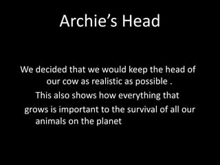 Archie’s Head
We decided that we would keep the head of
our cow as realistic as possible .
This also shows how everything that
grows is important to the survival of all our
animals on the planet
 